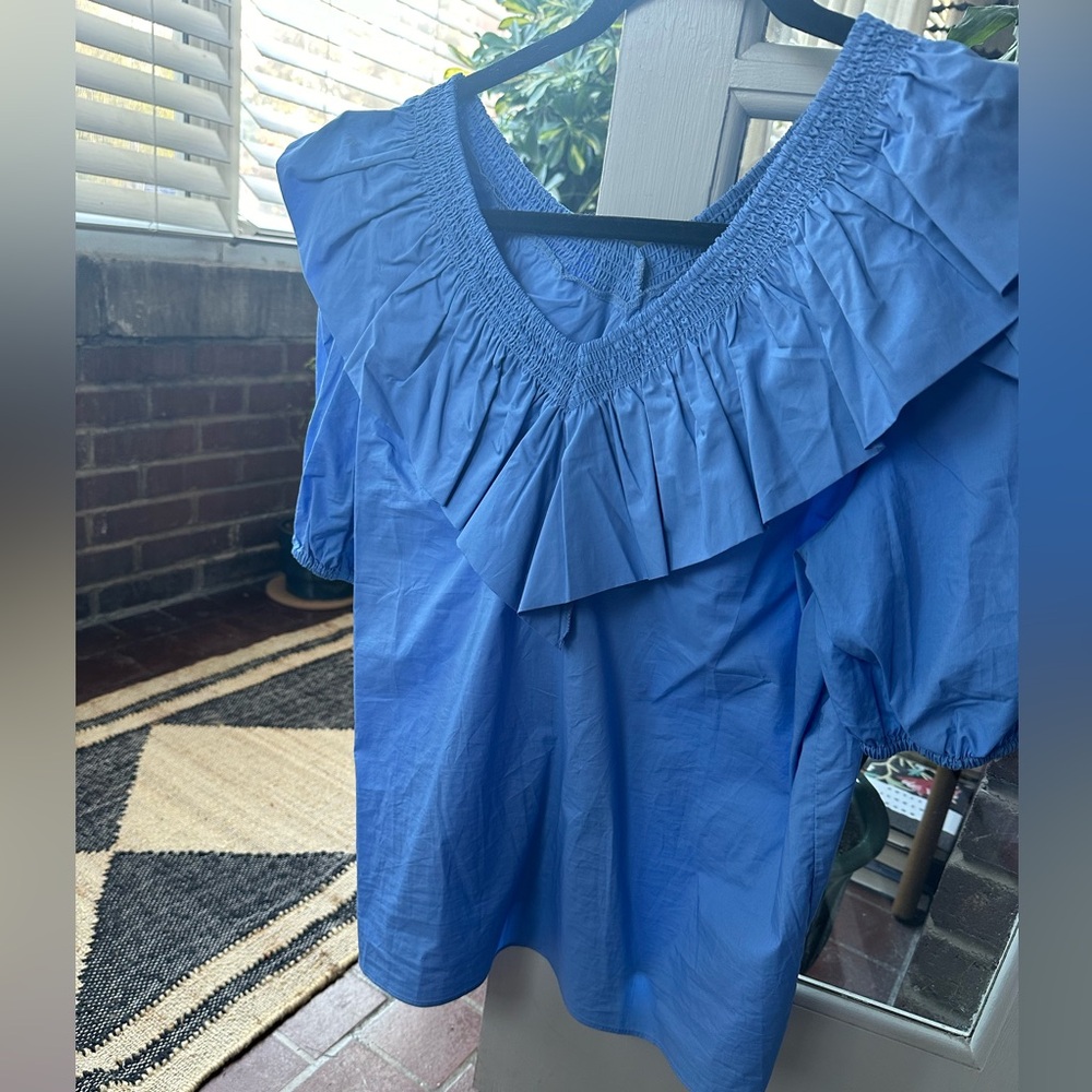 English Factory Oxford blue Ruffle Puff Sleeve Top - L